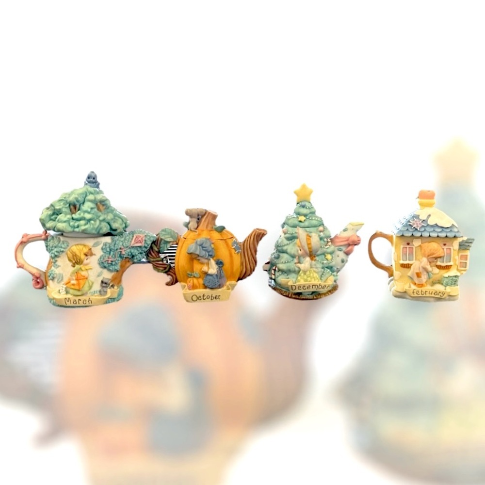 Vtg Precious Moments By Enesco-February, March, October, & December Mini Teapots